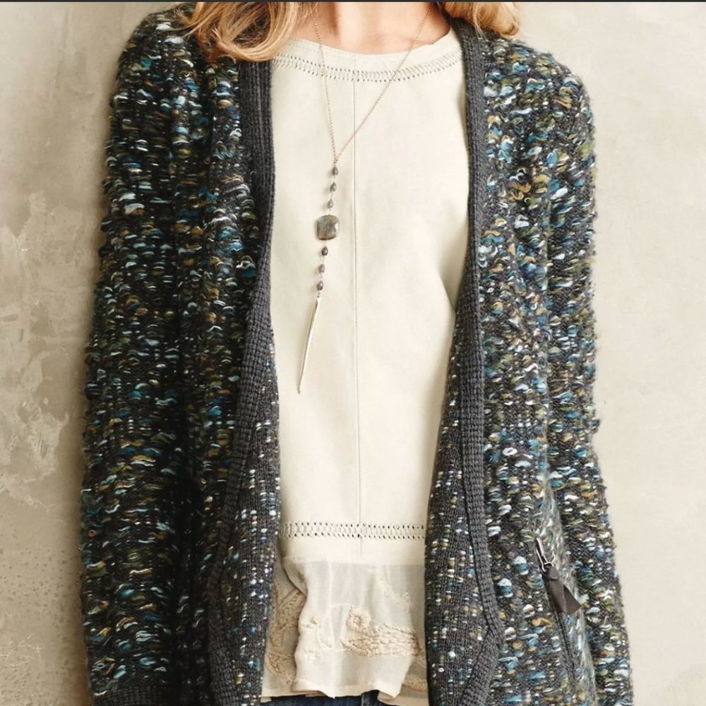 Anthropologie Multicolor Speckled Knit Cardigan - Gray with Blue & Green Accents